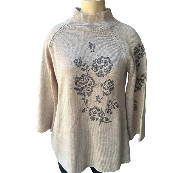 Creation Sweater Women's Size 4 Cowl Pullover Beige Floral Long Sleeve Knit - Picture 3 of 8
